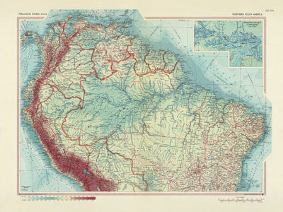 Old Map of Northern South America, 1967: Amazon River and Basin, Andes Mountains, Panama Canal, Caribbean