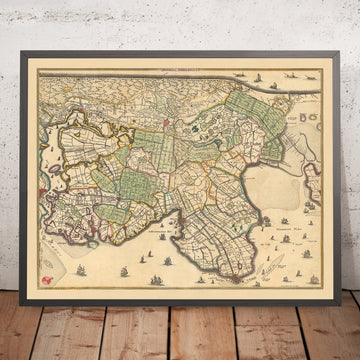 Old Map of North Holland by Visscher, 1690: Amsterdam, Alkmaar, Hoorn, Beverwijk, Purmerend