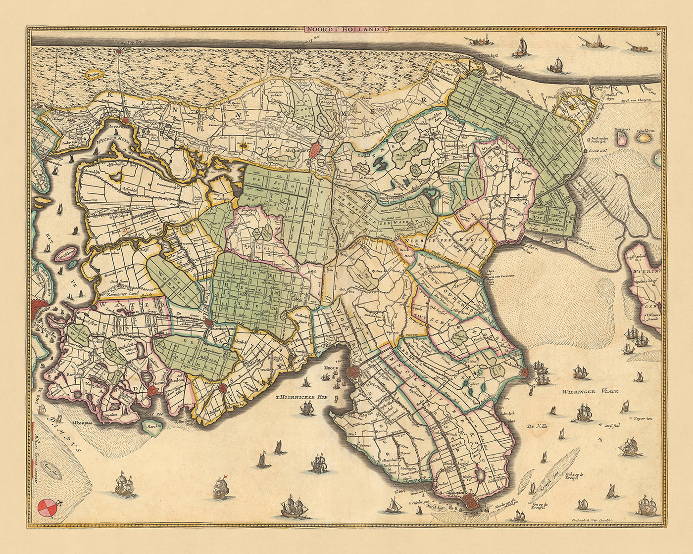 Old Map of North Holland by Visscher, 1690: Amsterdam, Alkmaar, Hoorn, Beverwijk, Purmerend