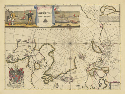 Ancienne carte du pôle Nord par Pitt, 1680 : carte anglaise ancienne, île mythique, cartouches détaillées