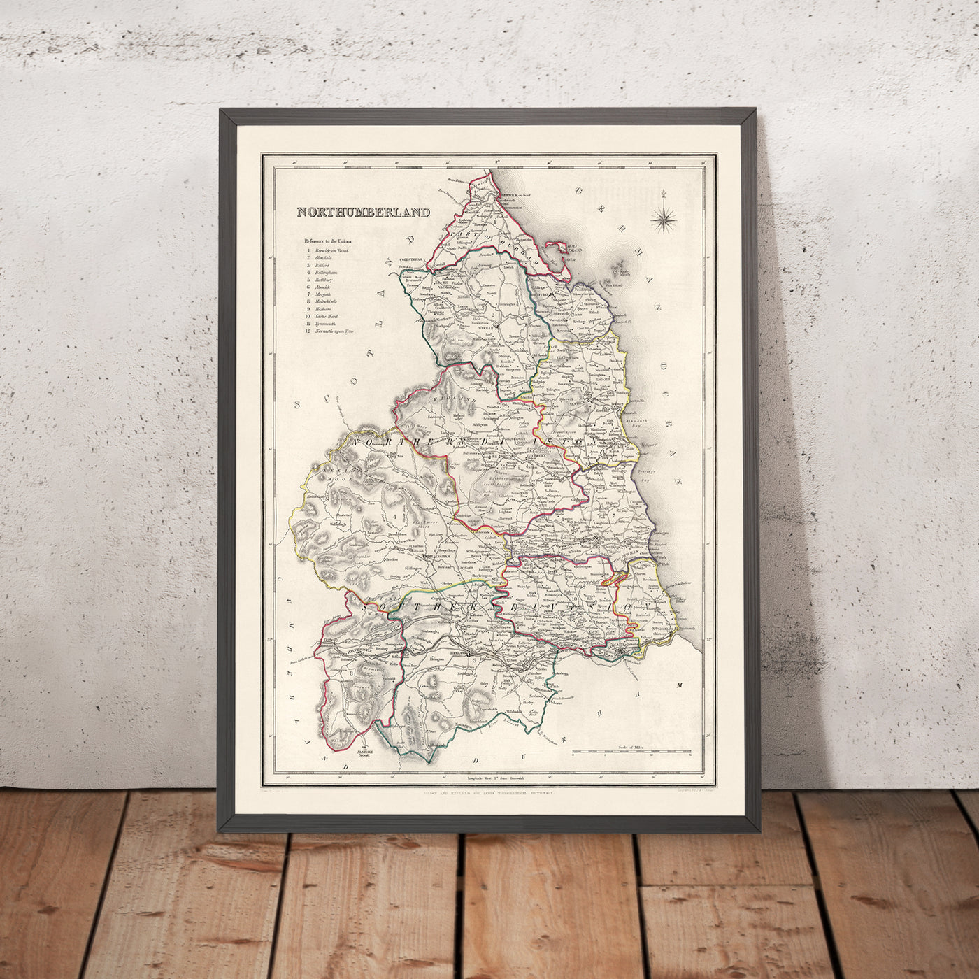 Mapa antiguo de Northumberland por Samuel Lewis, 1844: Newcastle upon Tyne, Blyth, Cramlington, Ashington y Bedlington 