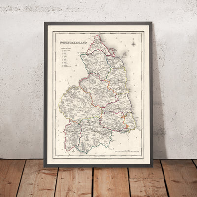 Mapa antiguo de Northumberland por Samuel Lewis, 1844: Newcastle upon Tyne, Blyth, Cramlington, Ashington y Bedlington 