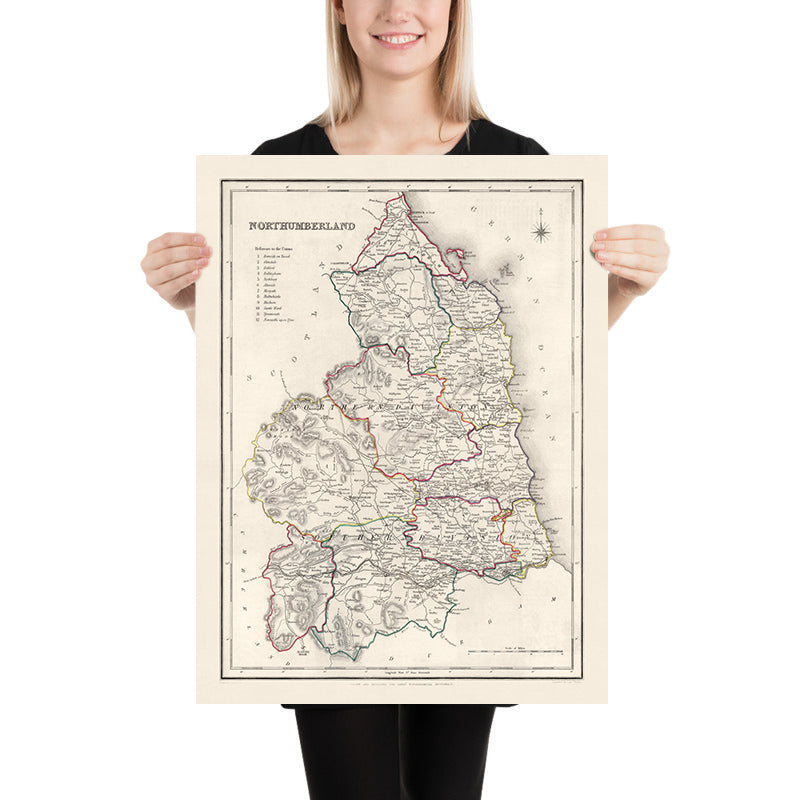 Mapa antiguo de Northumberland por Samuel Lewis, 1844: Newcastle upon Tyne, Blyth, Cramlington, Ashington y Bedlington 