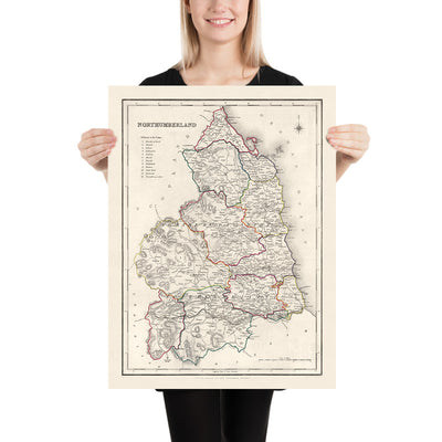 Mapa antiguo de Northumberland por Samuel Lewis, 1844: Newcastle upon Tyne, Blyth, Cramlington, Ashington y Bedlington 