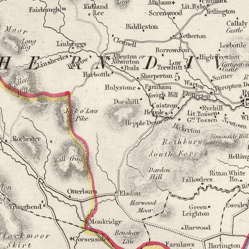 Mapa antiguo de Northumberland por Samuel Lewis, 1844: Newcastle upon Tyne, Blyth, Cramlington, Ashington y Bedlington 