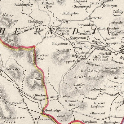 Mapa antiguo de Northumberland por Samuel Lewis, 1844: Newcastle upon Tyne, Blyth, Cramlington, Ashington y Bedlington 