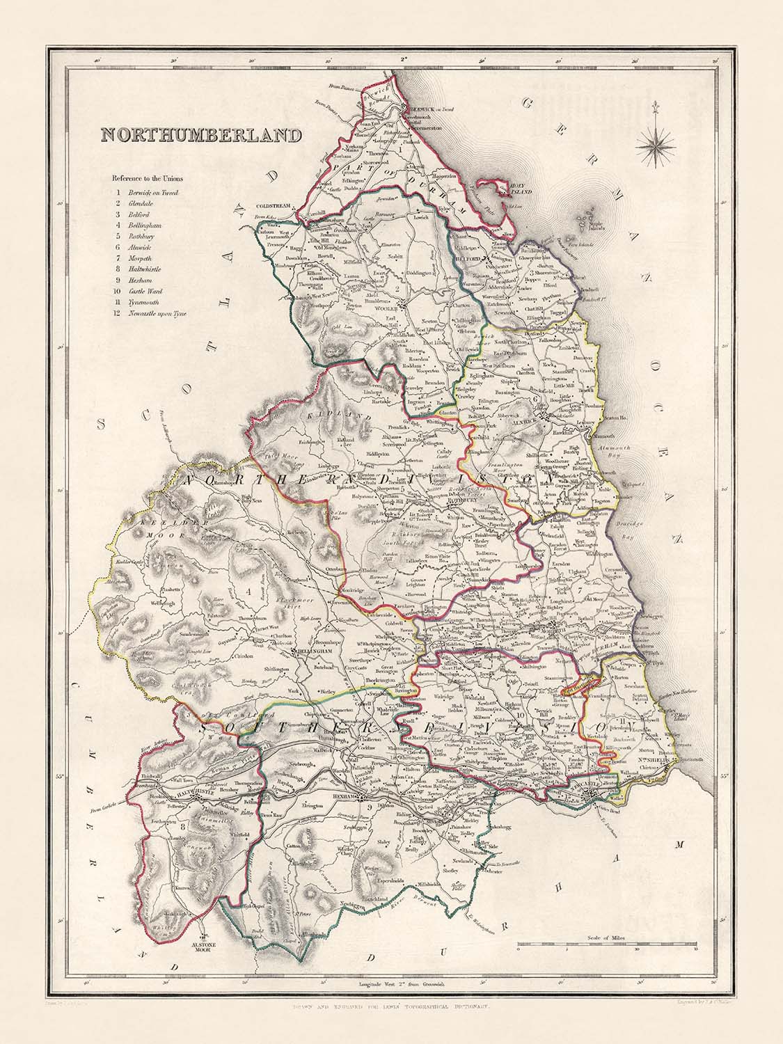 Mapa antiguo de Northumberland por Samuel Lewis, 1844: Newcastle upon Tyne, Blyth, Cramlington, Ashington y Bedlington 