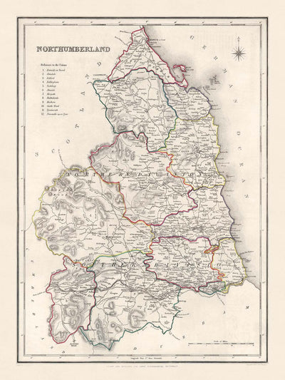Mapa antiguo de Northumberland por Samuel Lewis, 1844: Newcastle upon Tyne, Blyth, Cramlington, Ashington y Bedlington 