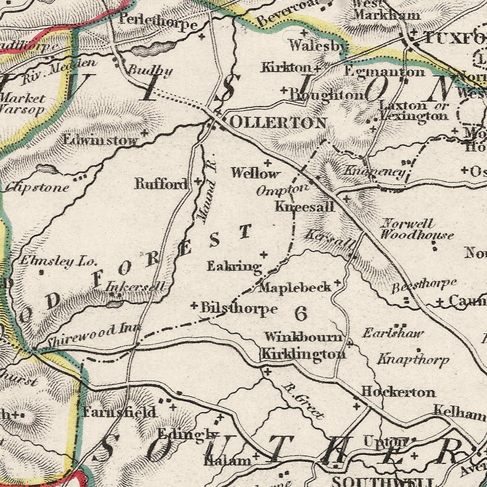 Mapa antiguo de Nottinghamshire por Samuel Lewis, 1844: Nottingham, Mansfield, Worksop, Newark, Retford