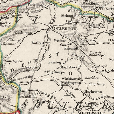 Mapa antiguo de Nottinghamshire por Samuel Lewis, 1844: Nottingham, Mansfield, Worksop, Newark, Retford