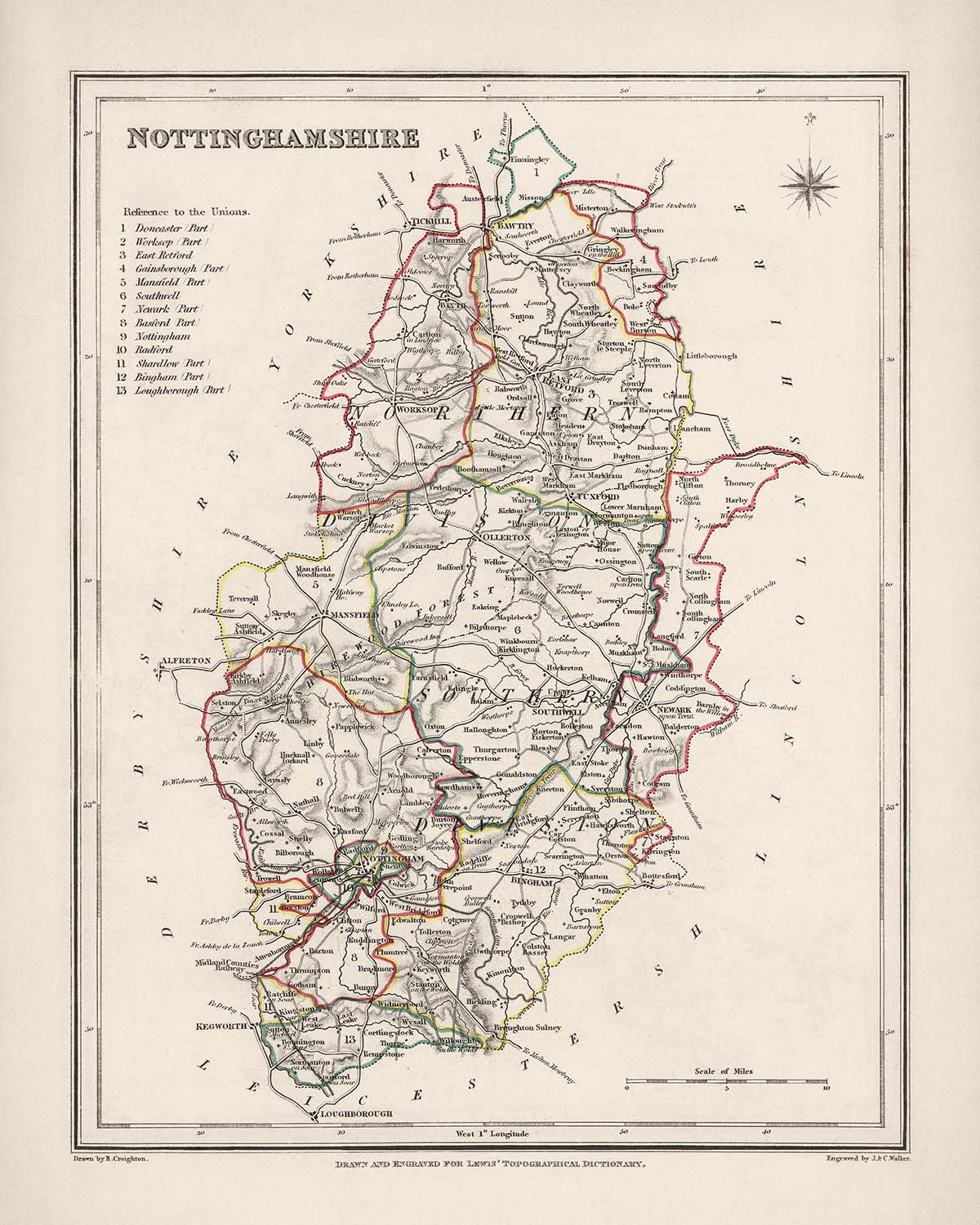 Mapa antiguo de Nottinghamshire por Samuel Lewis, 1844: Nottingham, Mansfield, Worksop, Newark, Retford