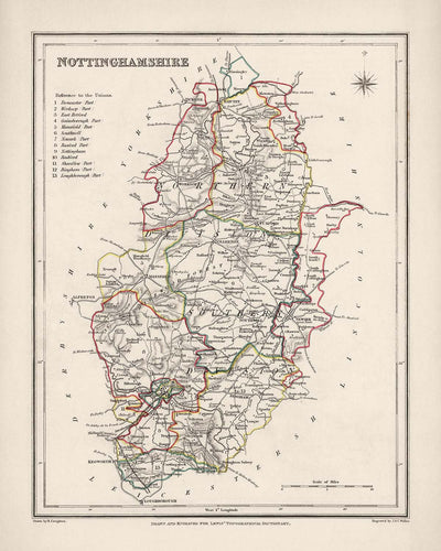 Mapa antiguo de Nottinghamshire por Samuel Lewis, 1844: Nottingham, Mansfield, Worksop, Newark, Retford