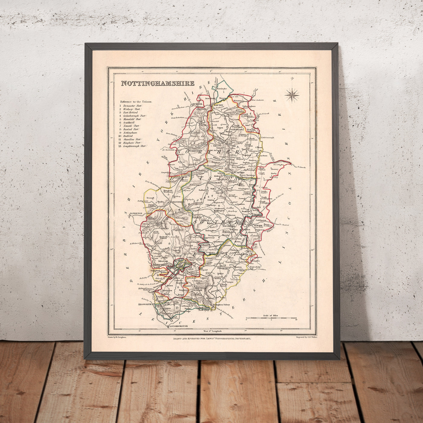 Old Map of Nottinghamshire by Samuel Lewis, 1844: Nottingham, Mansfield, Worksop, Newark, Retford