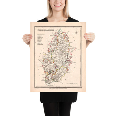 Ancienne carte du Nottinghamshire par Samuel Lewis, 1844 : Nottingham, Mansfield, Worksop, Newark, Retford