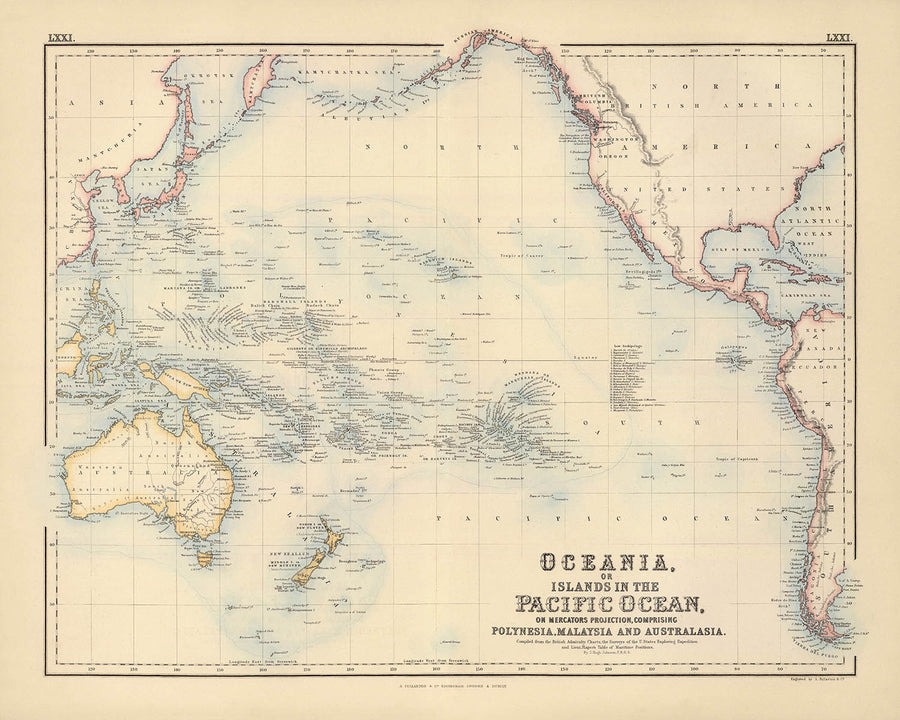 Ancienne carte du Rim Pacifique par Fullarton, 1872 : Polynésie, Australie, Nouvelle-Zélande, Amériques 