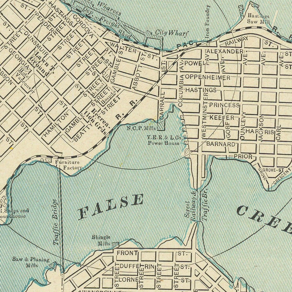 Alter Stadtplan von Vancouver von Cram, 1895: Stanley Park, Hastings Park, False Creek, Burrard Inlet, English Bay 