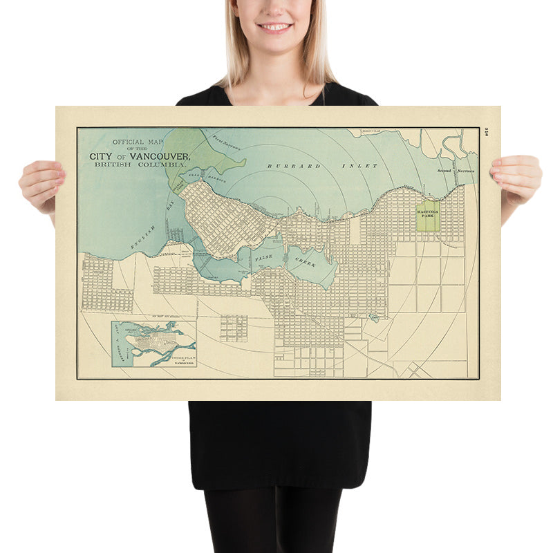 Alter Stadtplan von Vancouver von Cram, 1895: Stanley Park, Hastings Park, False Creek, Burrard Inlet, English Bay 
