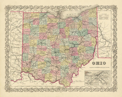 Old Map of Ohio by J. H. Colton, 1855: Cincinnati, Cleveland, Columbus, Dayton, and Toledo