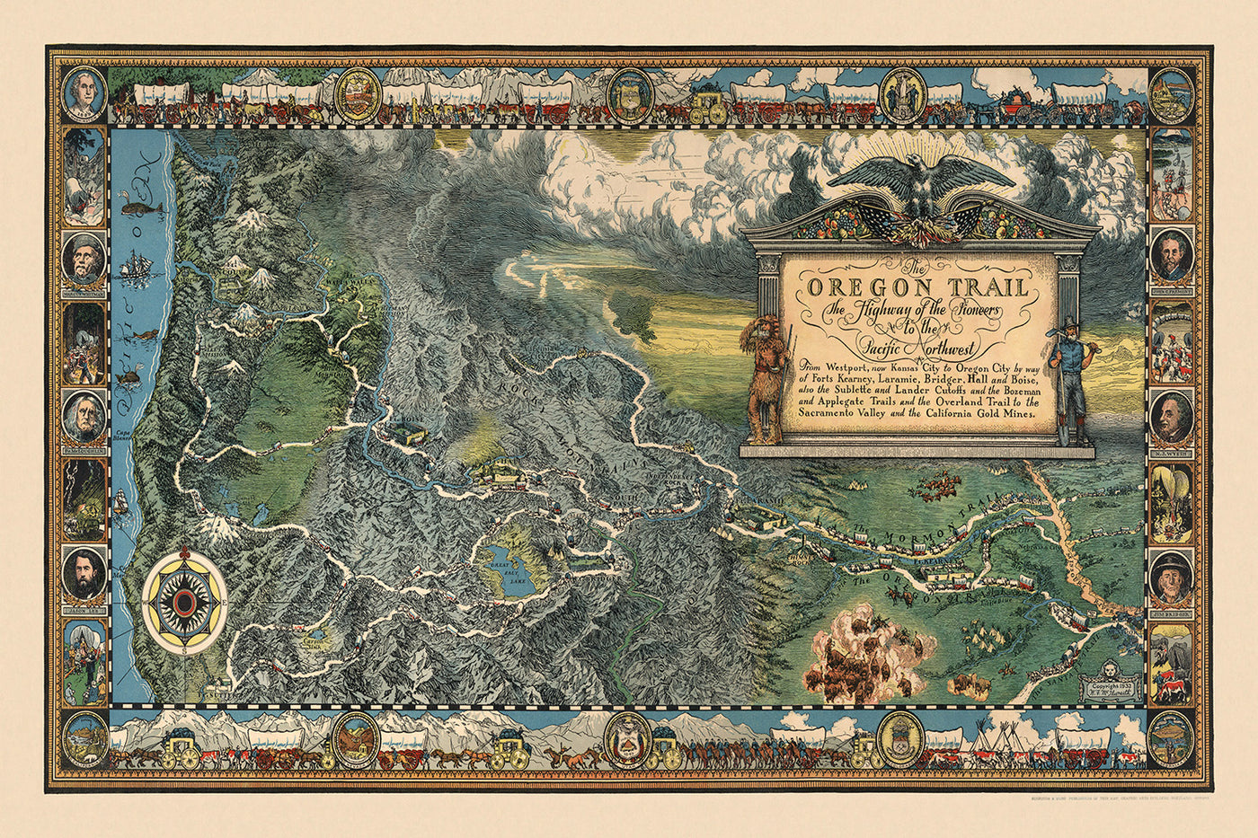 Old Map of the Oregon Trail by William Forsyth McIlwraith, 1932: Mormon Trail, Westport, Whitman Mission, Ft. Vancouver