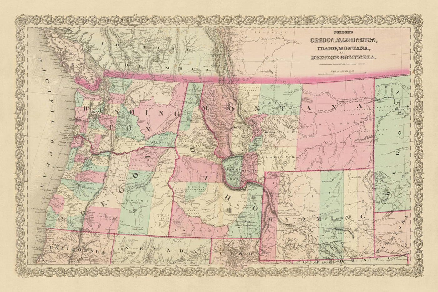 Alte Karte des pazifischen Nordwestens von JH Colton, 1868: Portland, Seattle, Boise, Helena, Cheyenne