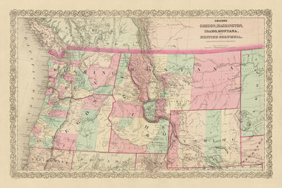 Old Map of the Pacific Northwest by J. H. Colton, 1868: Portland, Seattle, Boise, Helena, Cheyenne