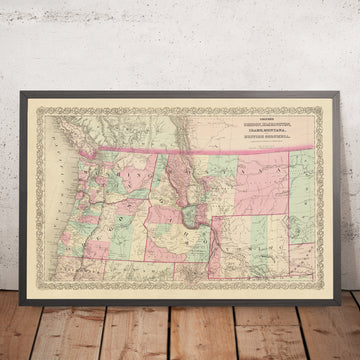 Ancienne carte du nord-ouest du Pacifique par JH Colton, 1868 : Portland, Seattle, Boise, Helena, Cheyenne