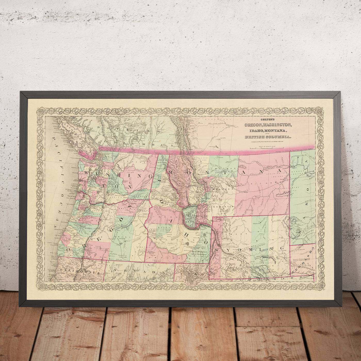 Antiguo mapa del noroeste del Pacífico por JH Colton, 1868: Portland, Seattle, Boise, Helena, Cheyenne