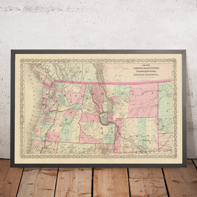 Ancienne carte du nord-ouest du Pacifique par JH Colton, 1868 : Portland, Seattle, Boise, Helena, Cheyenne