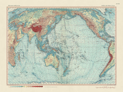 Carte de l'ancien monde du Pacifique et de l'océan Indien par le service topographique de l'armée polonaise, 1967 : carte politique et physique détaillée, projection Mercator, pré-dissolution de l'Union soviétique