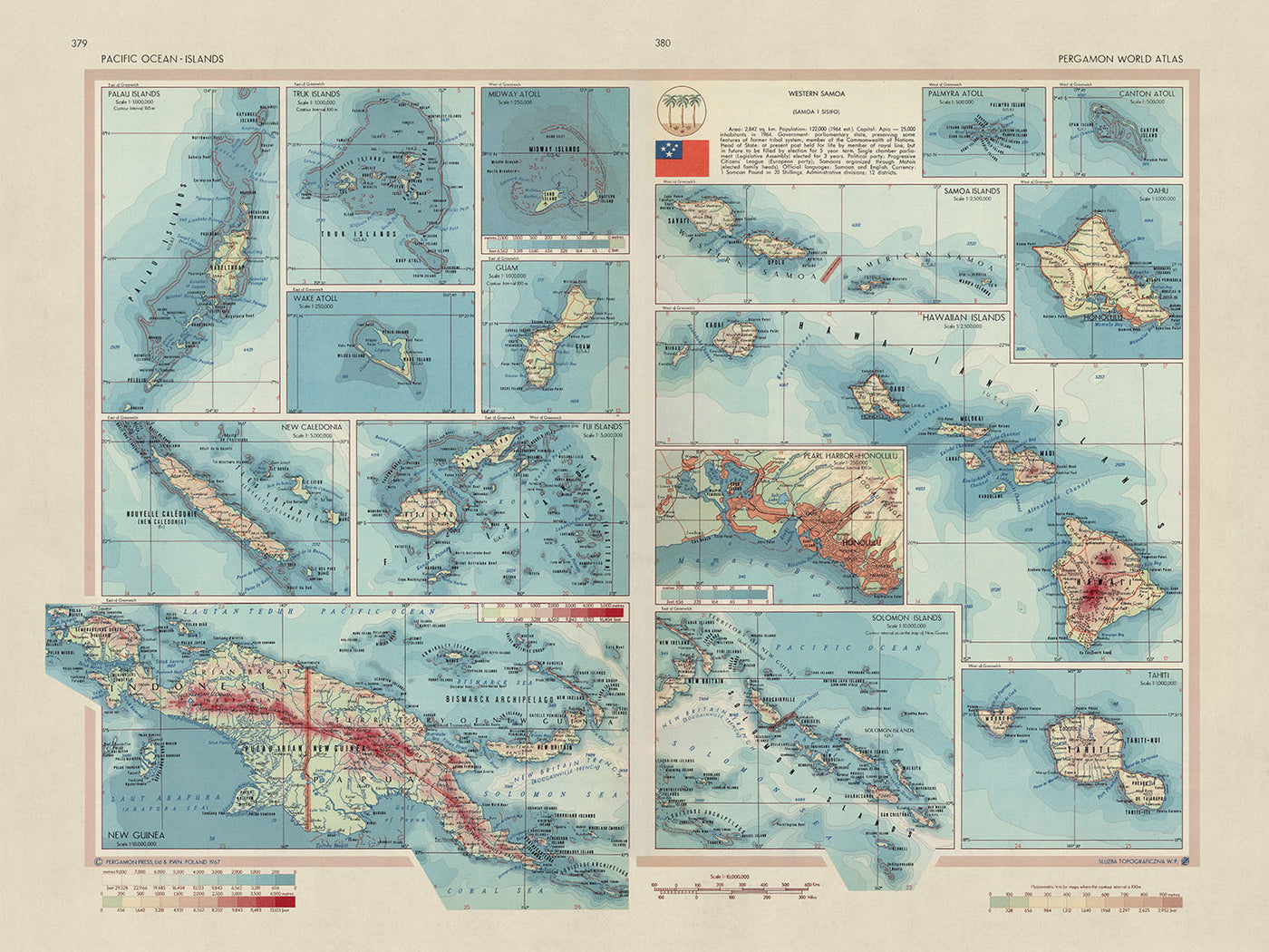 Old Map of the Islands of the Pacific Ocean, 1967: Hawaii, Fiji, Palau, New Guinea, Samoa, Pearl Harbour, Atolls
