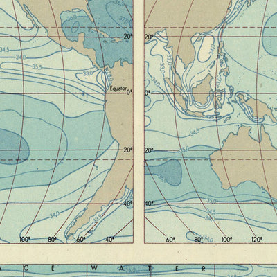 Old Infographic Map of the Pacific Ocean, 1967: Temperature, Salinity, Fisheries, Ocean Floor