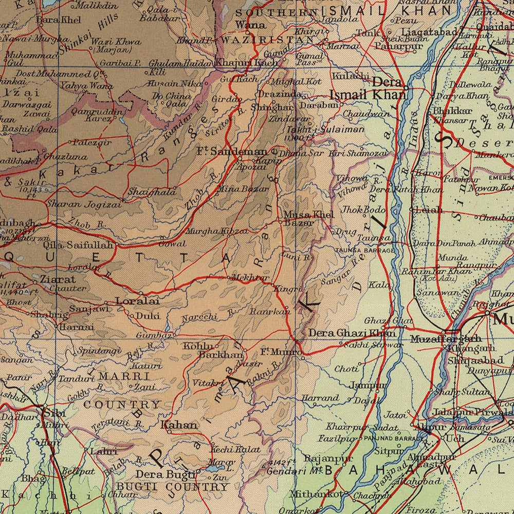 Ancienne carte du Cachemire, du Pakistan et de l'Afghanistan par Bartholomew, 1959 : Karachi, fleuve Indus, Hindu Kush, Kaboul, Lahore