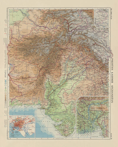 Mapa antiguo de Cachemira, Pakistán y Afganistán por Bartolomé, 1959: Karachi, río Indo, Hindu Kush, Kabul, Lahore