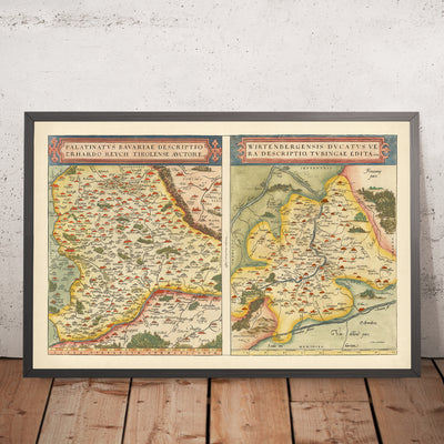 Carte ancienne de la Bavière et du Wurtemberg par Ortelius, 1581 : Danube, Rhin, Stuttgart, Ratisbonne, Forêts