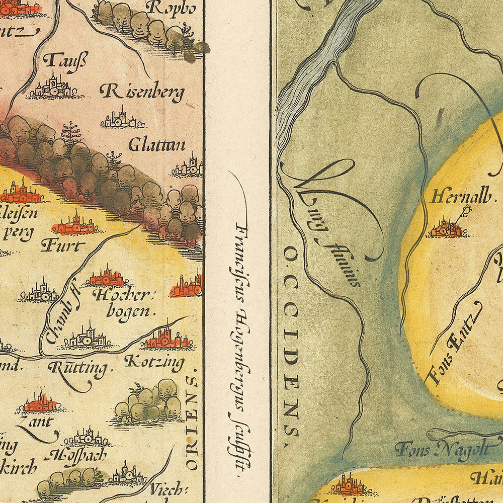 Mapa antiguo de Baviera y Wurtemberg de Ortelius, 1581: Danubio, Rin, Stuttgart, Ratisbona, bosques