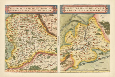 Alte Karte von Bayern und Württemberg von Ortelius, 1581: Donau, Rhein, Stuttgart, Regensburg, Wälder