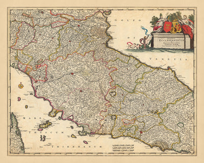 Old Map of Papal States & Duchy of Tuscany, Italy by Visscher, 1690: Rome, Florence, Pescara, Bologna, Pisa
