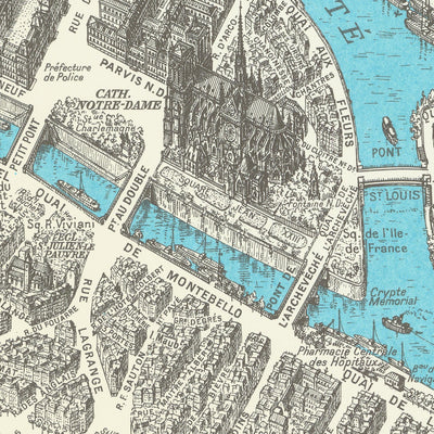 Old Birdseye Map of Paris by Peltier & Chardon, 1974: Eiffel Tower, Notre-Dame, Louvre, Montmartre, Seine