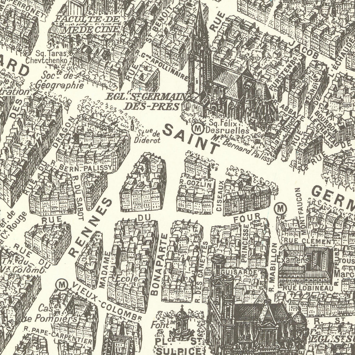 Old Birdseye Map of Paris by Peltier & Chardon, 1974: Eiffel Tower, Notre-Dame, Louvre, Montmartre, Seine