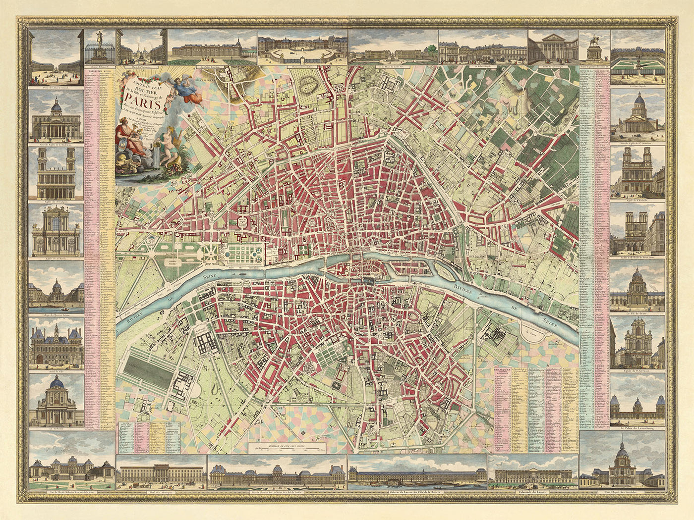 Ancienne carte de Paris par Esnauts & Rapilly, 1784 : Louvre, Notre Dame, Champs-Élysées, Bois de Boulogne, Pont Neuf
