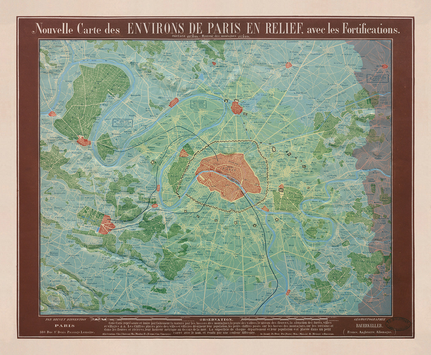 Old Relief Map of Paris by Georg Bauerkeller in 1843 - Saint Denis, Argenteuil, Saint Germain Des Paris, Montmorency, Versailles
