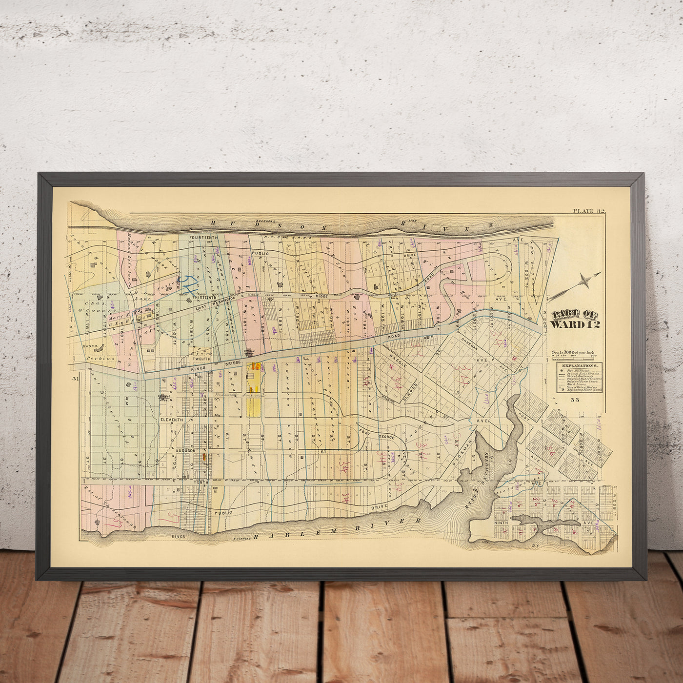 Mapa antiguo de la ciudad de Nueva York de Bromley, 1879: Harlem, Fort Washington, Fort George, río Hudson, río Harlem