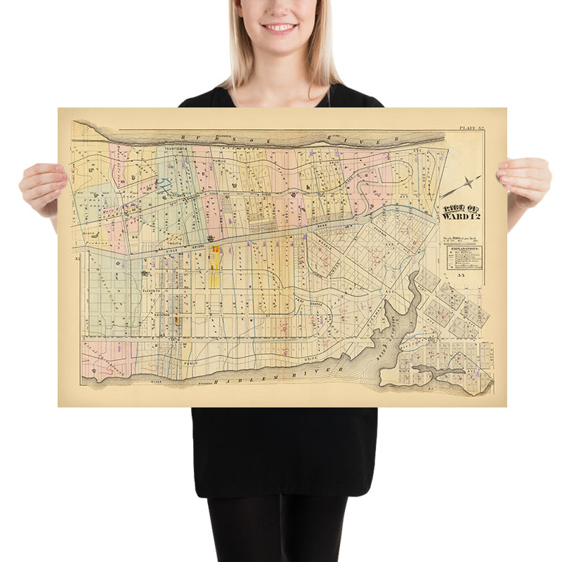 Mapa antiguo de la ciudad de Nueva York de Bromley, 1879: Harlem, Fort Washington, Fort George, río Hudson, río Harlem