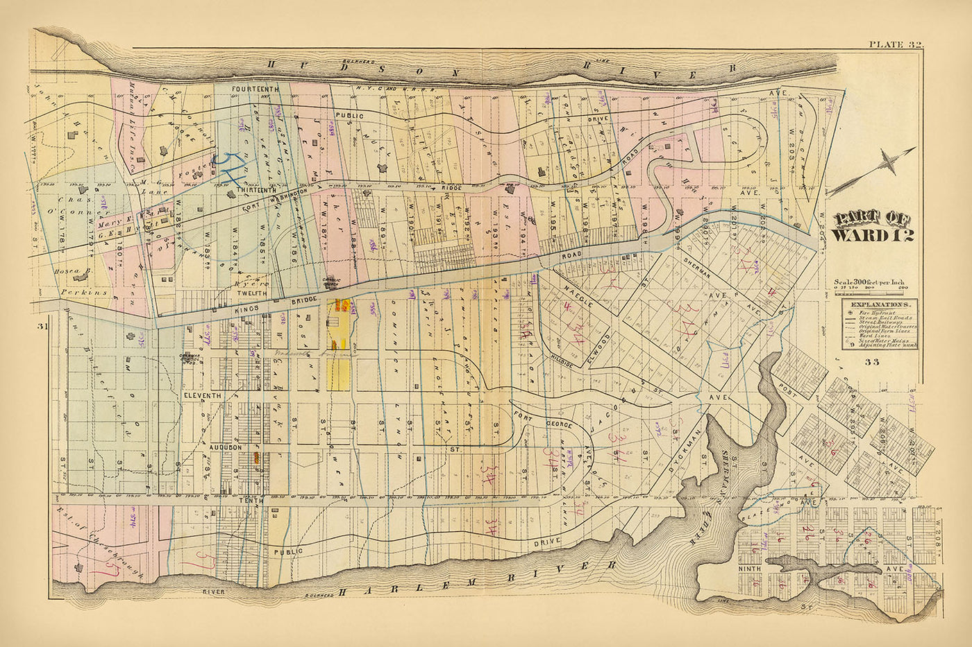 Mapa antiguo de la ciudad de Nueva York de Bromley, 1879: Harlem, Fort Washington, Fort George, río Hudson, río Harlem