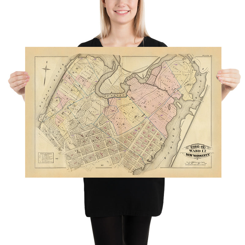 Mapa antiguo de la ciudad de Nueva York de Bromley, 1879: Spuyten Duyvil Creek, río Harlem, Broadway, Kingsbridge Ave, University Ave