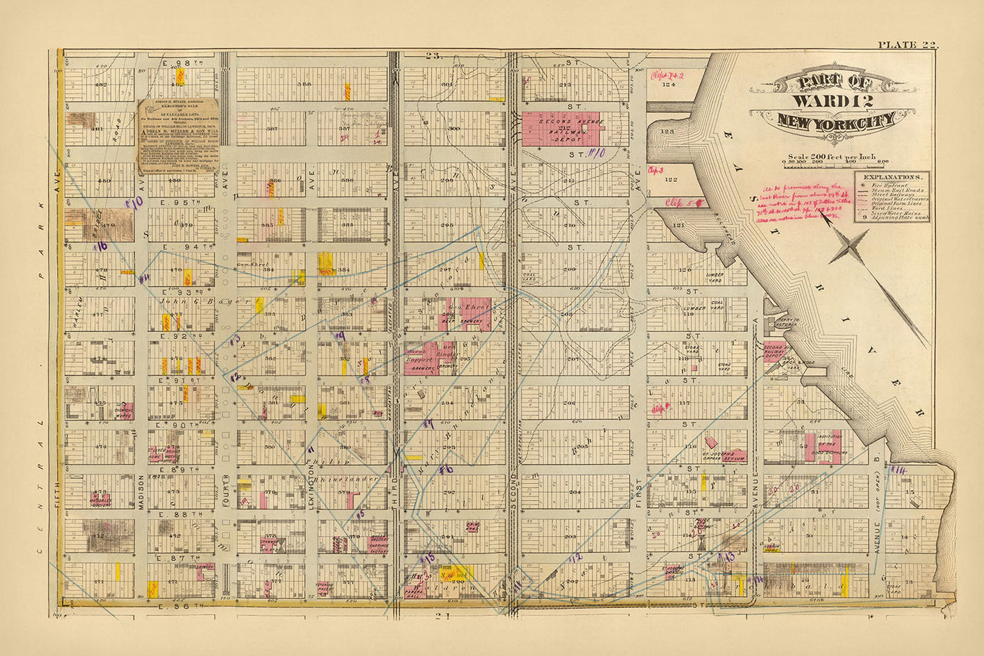 Ancienne carte de l'Upper East Side, New York, 1879 : Carnegie Hill, Yorkville, East 86th St à East 95th St