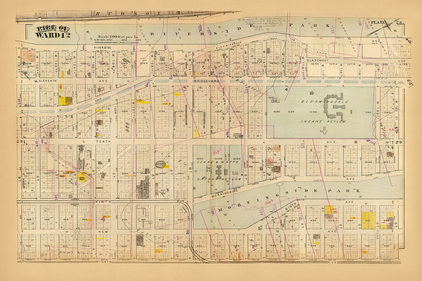 Ancienne carte de la ville de New York par Bromley, 1879 : Morningside Heights, Riverside Park, Morningside Park, orphelinat de Leake & Watts, asile d'aliénés de Bloomingdale