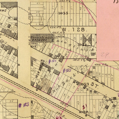 Ancienne carte de New York par Bromley, 1879 : Riverside Park, Couvent, Broadway, chemins de fer, Amsterdam Avenue