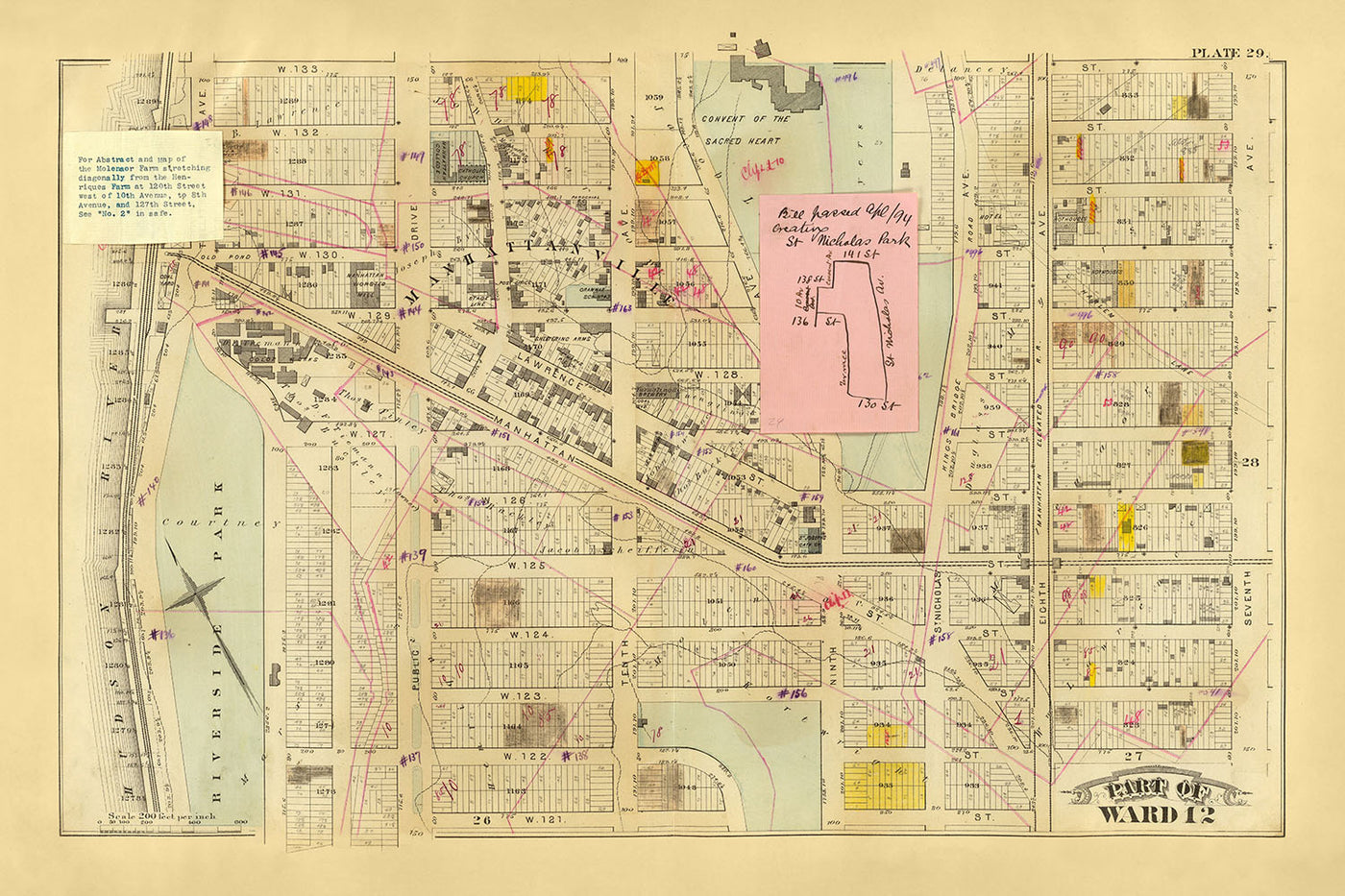 Ancienne carte de New York par Bromley, 1879 : Riverside Park, Couvent, Broadway, chemins de fer, Amsterdam Avenue