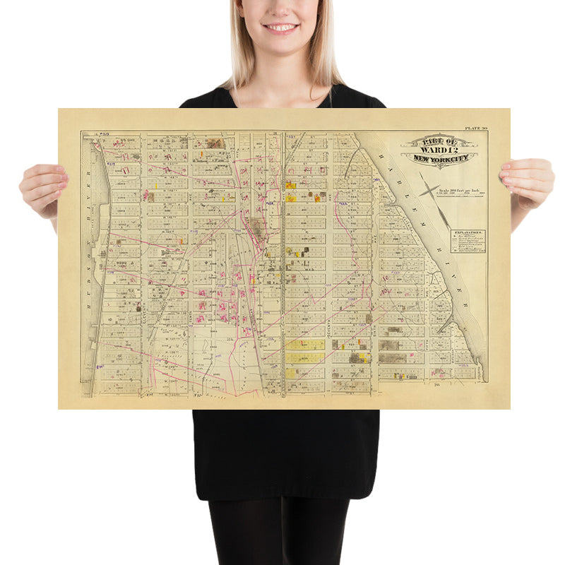 Old Map of Harlem, NYC by Bromley, 1879: Ward 12, West 130 to West 151 St, Hudson River, Harlem River, Broadway, Parks